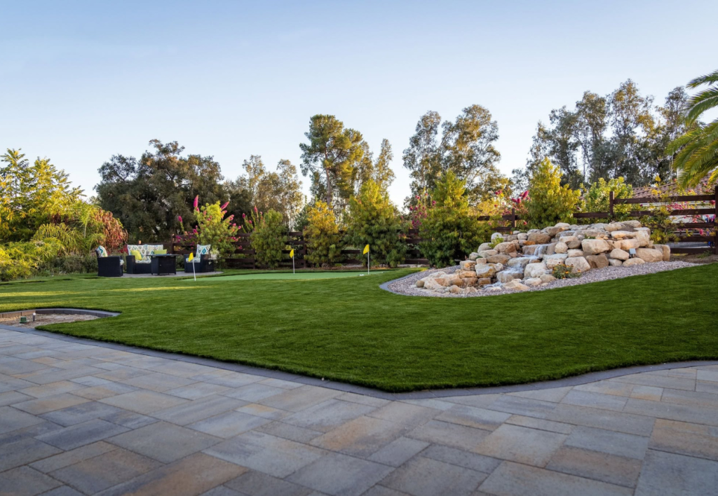 Backyard turf & pavers newly installed in San Diego, CA