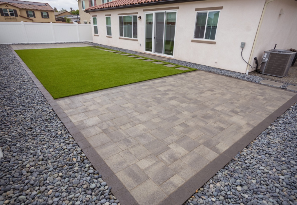 Backyard turf & pavers newly installed in San Diego, CA