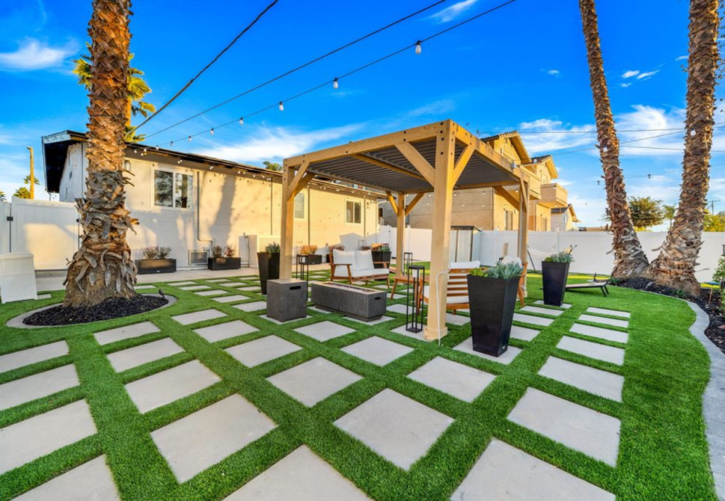 Turf & pavers newly installed in San Diego backyard