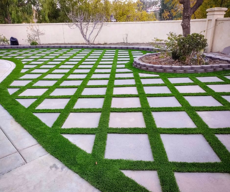 Freshly installed backyard turf & pavers in San Diego, CA