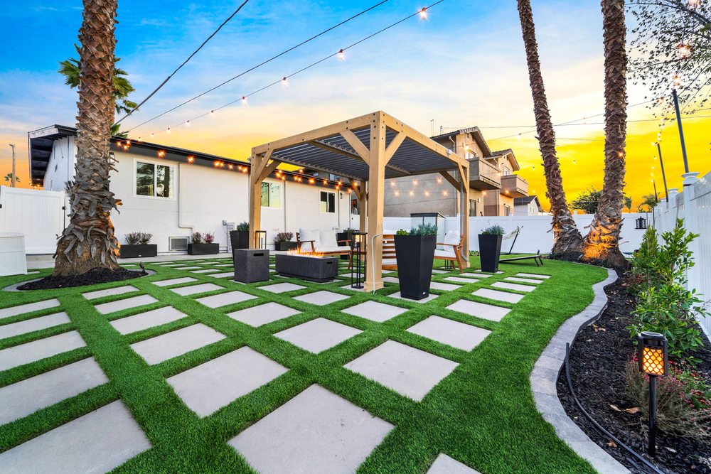 Freshly installed backyard turf & pavers in San Diego, CA